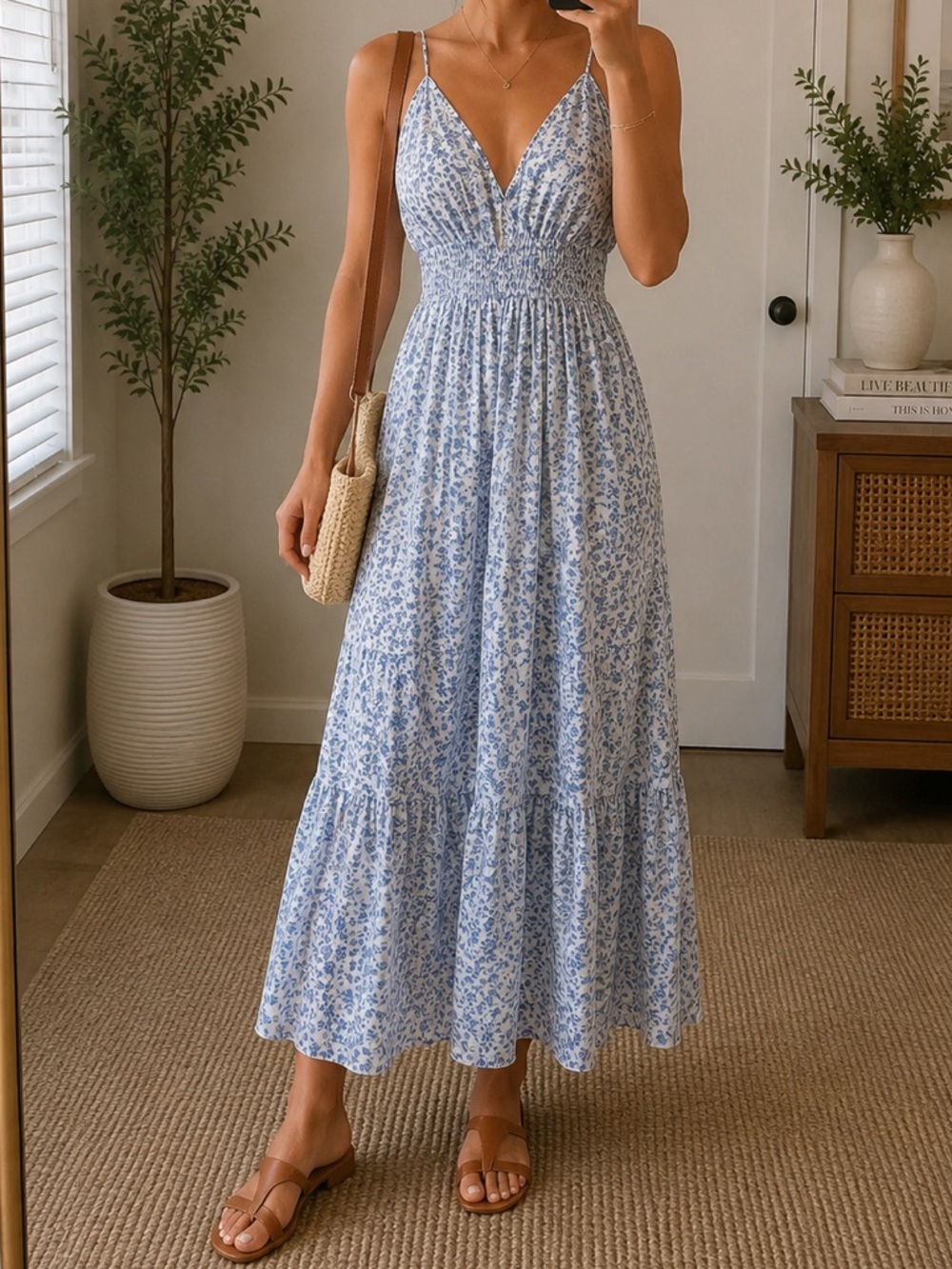 Blue Floral Maxi Dress with Spaghetti Straps